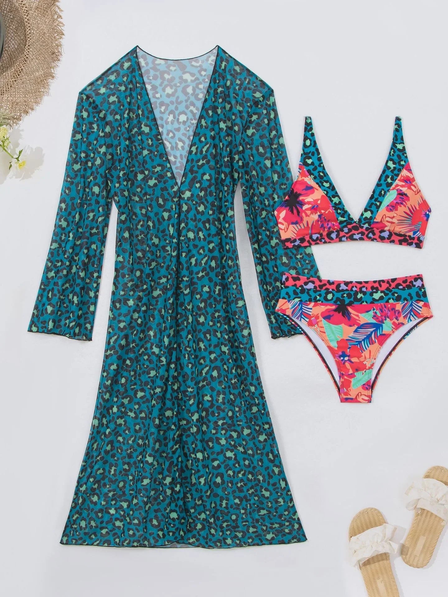 Vintage Leopard Print Long Sleeve Cover Up 3 Piece Swimsuit