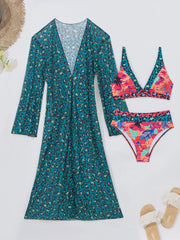 Vintage Leopard Print Long Sleeve Cover Up 3 Piece Swimsuit