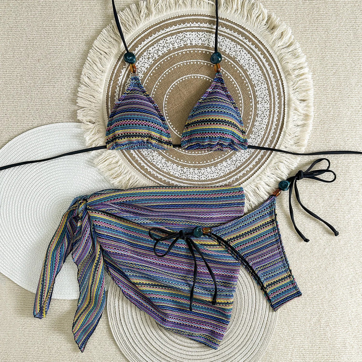 Sexy Blue Striped Knitted Bikini Set