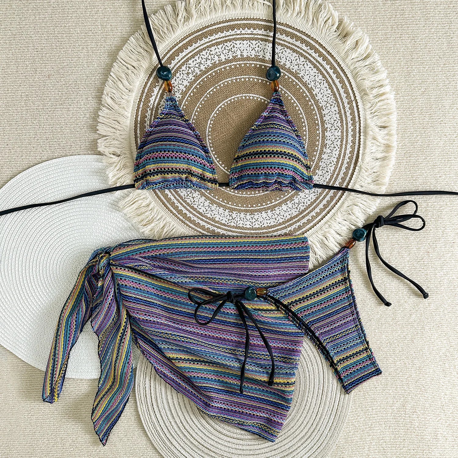 Sexy Blue Striped Knitted Bikini Set
