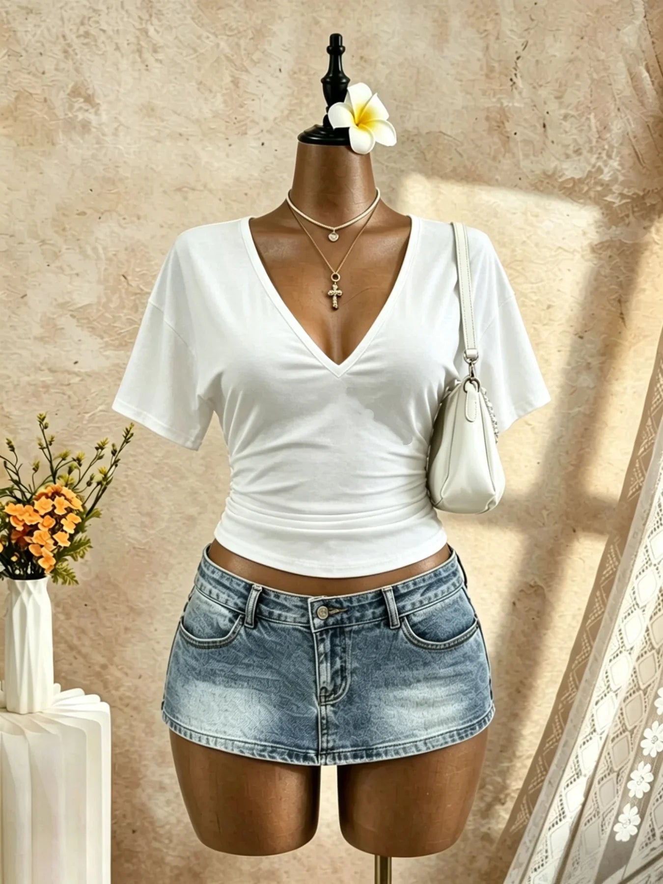 Front Side Ruched Slim Fit Cropped Casual T Shirt