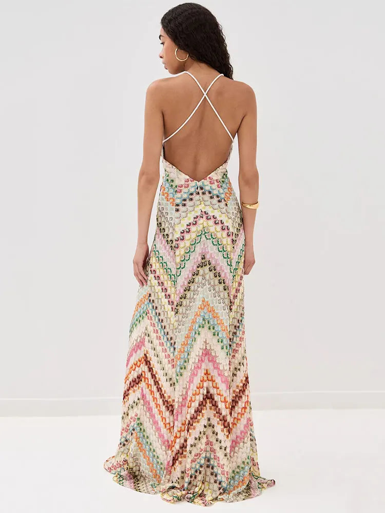 Sexy Print V Neck Halter Maxi Dress