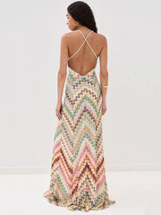 Sexy Print V Neck Halter Maxi Dress
