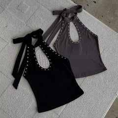 Commuting Gothic Style Rivet Embellished Halter Tank Top