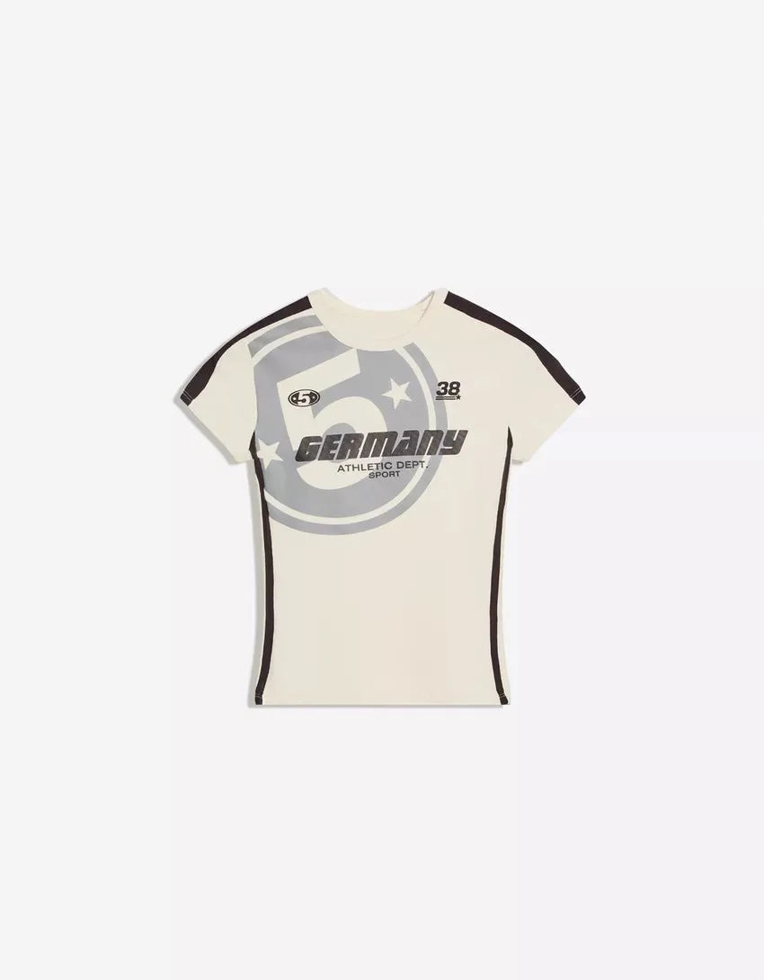 Round Neck Short Sleeve Slim Fit Cropped T-Shirt Star Letter Print Stripe Splicing Top