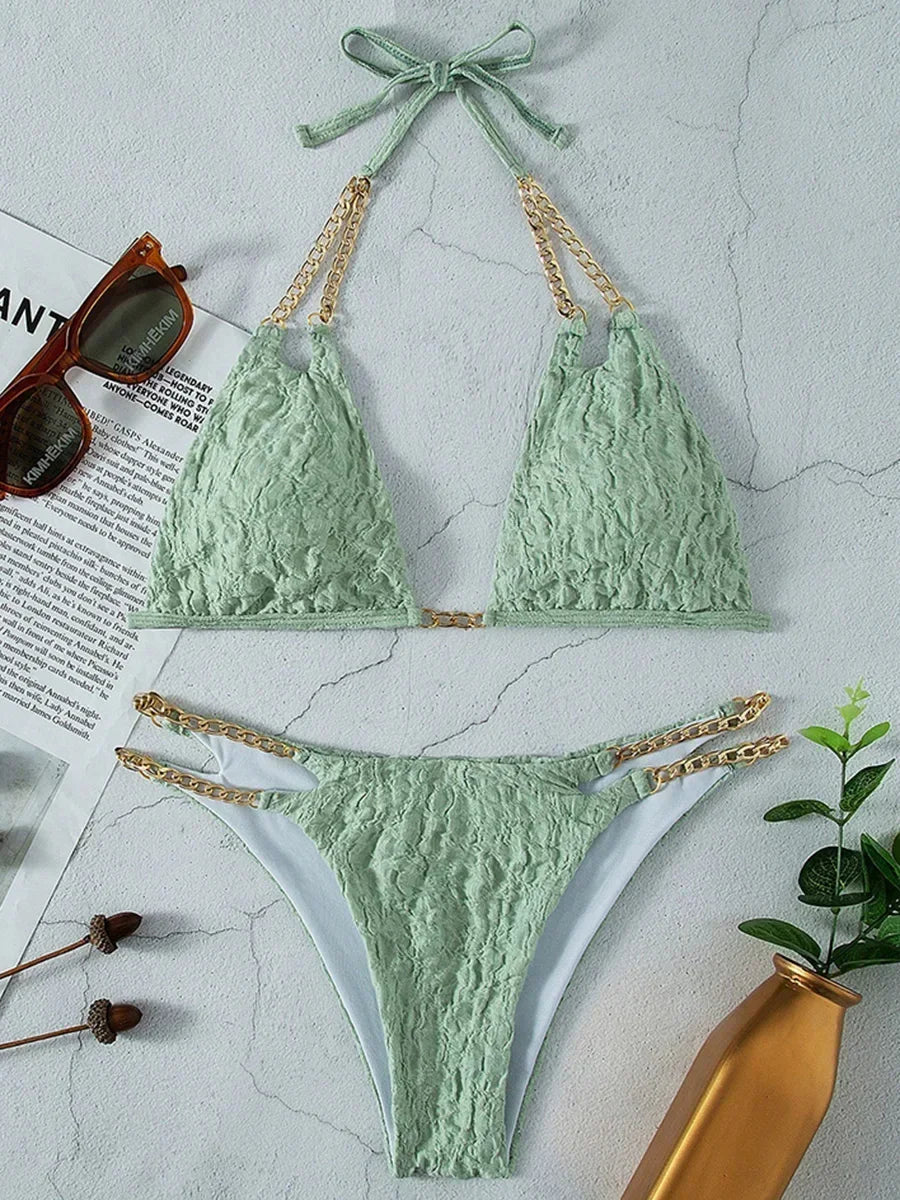 Sexy Halter Metal Chains Brazilian Bikini
