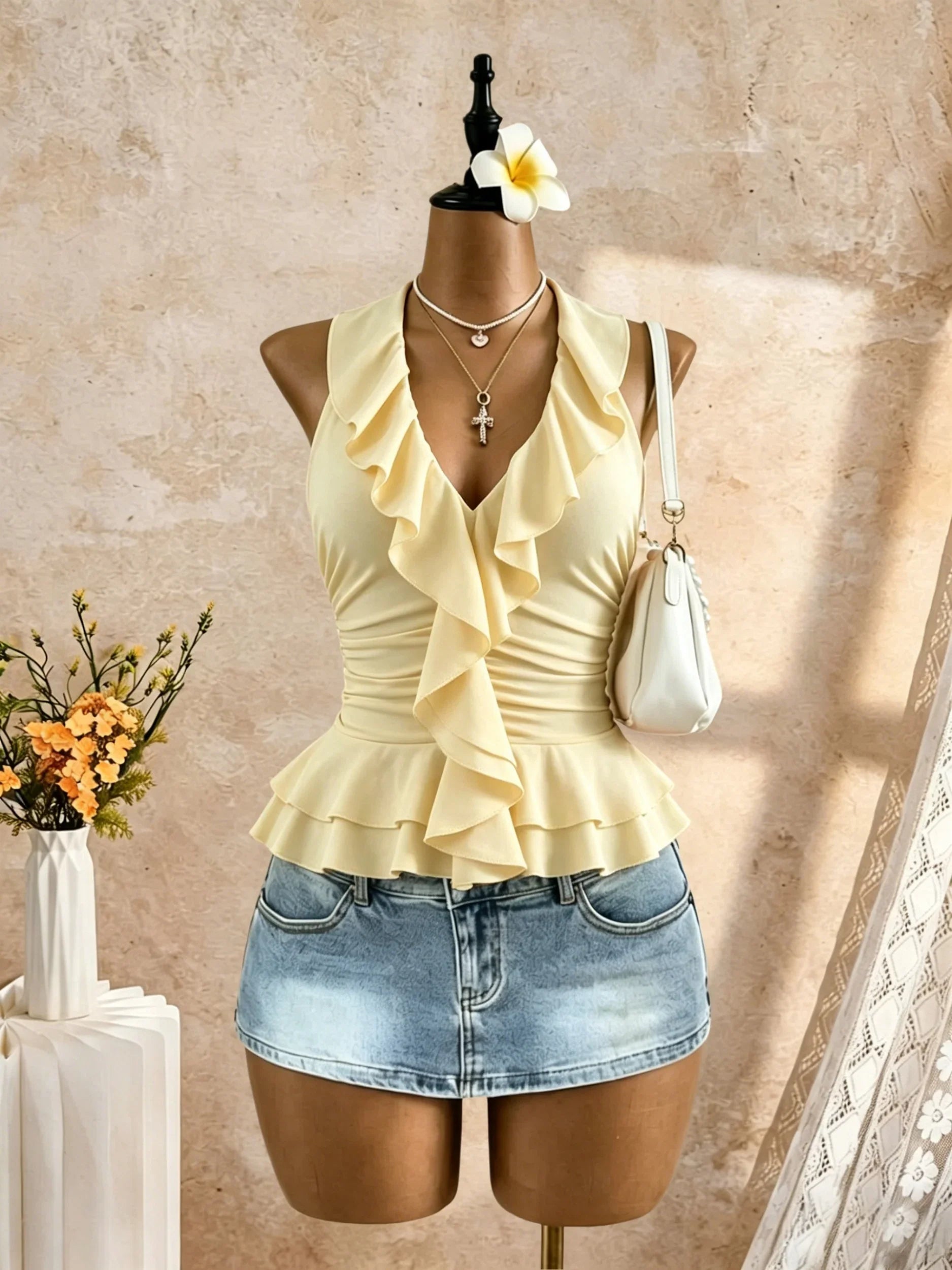 Halter V Neck Ruffle Trim Ruched Waist Peplum Hem Slim Fit Crop Cami Top