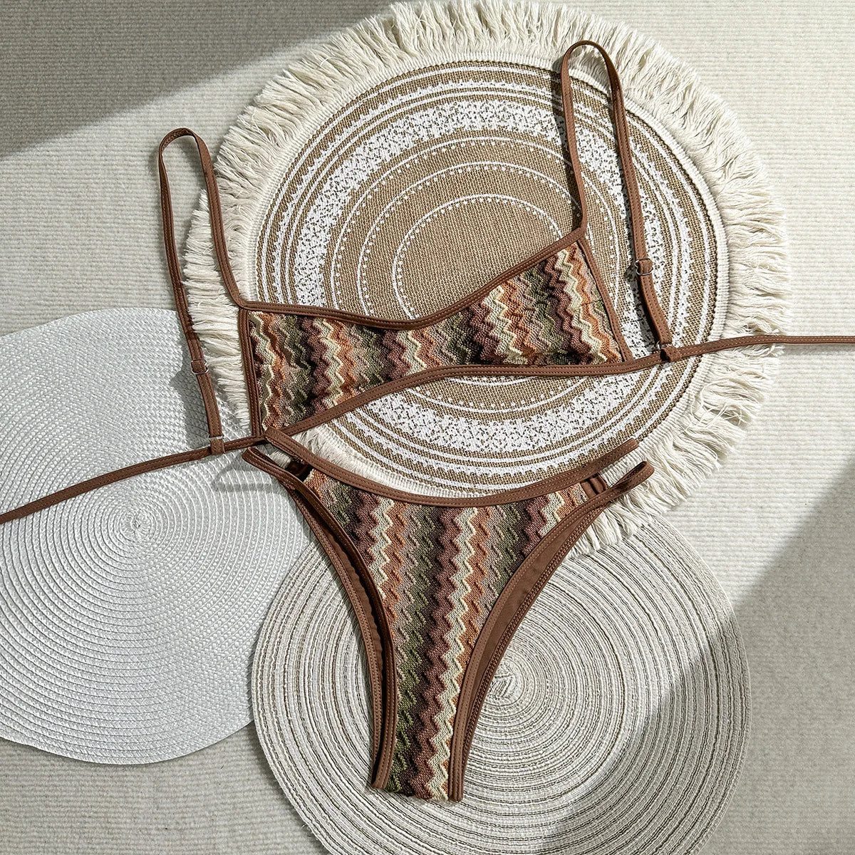 Vintage Crochet Pink Striped Bikini Set