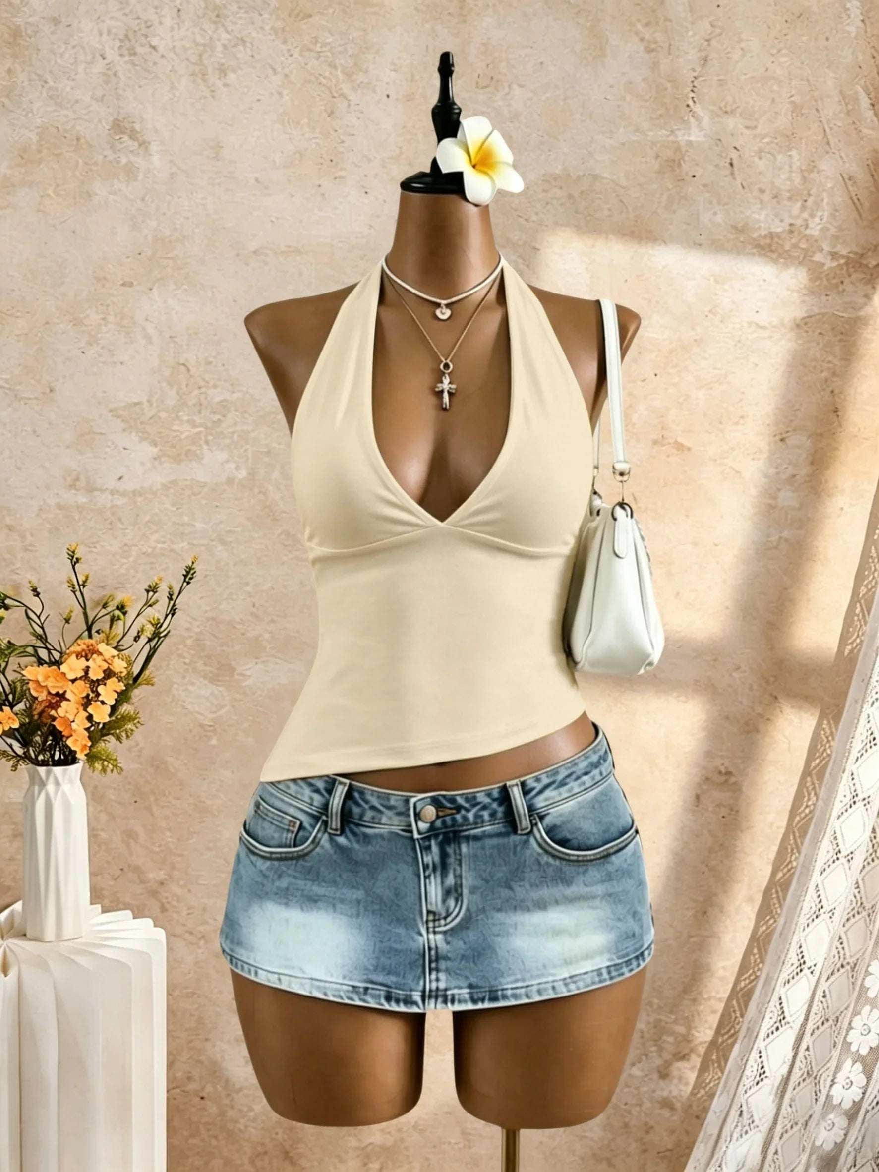 Halter Deep V Neck Sleeveless Slim Fit Cropped Cami Top