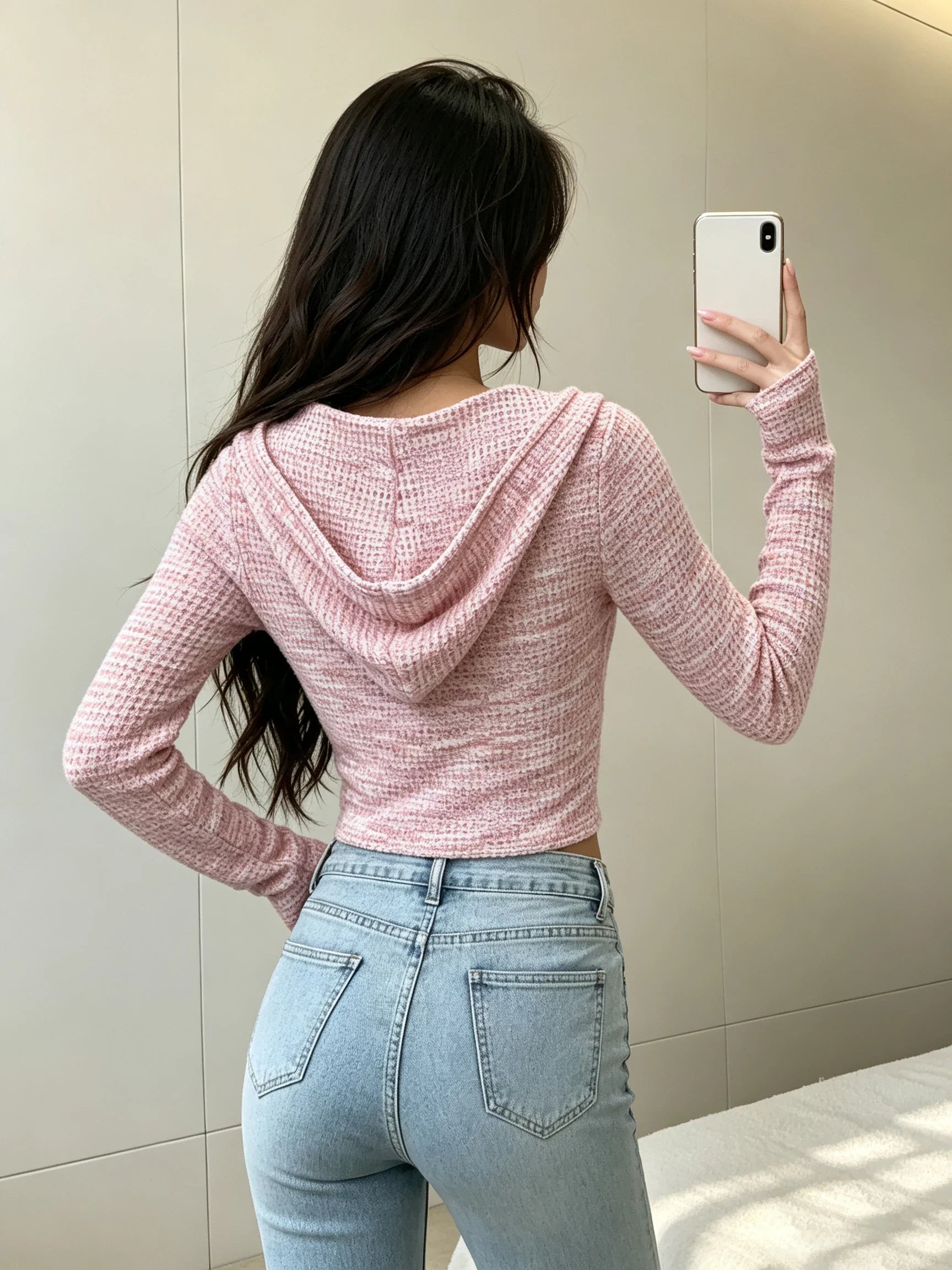 Women's Zip Up Hooded Jacket Long Sleeve Cropped Slim Fit Knit Casual Hoodie Top