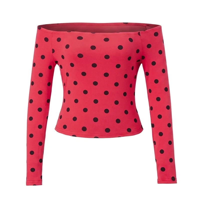 Polka Dot Off Shoulder T-shirt Stretchy Slim Fitted Long Sleeve Blouse Y2K Vintage Coquette Retro Daily Going Out Crop Top