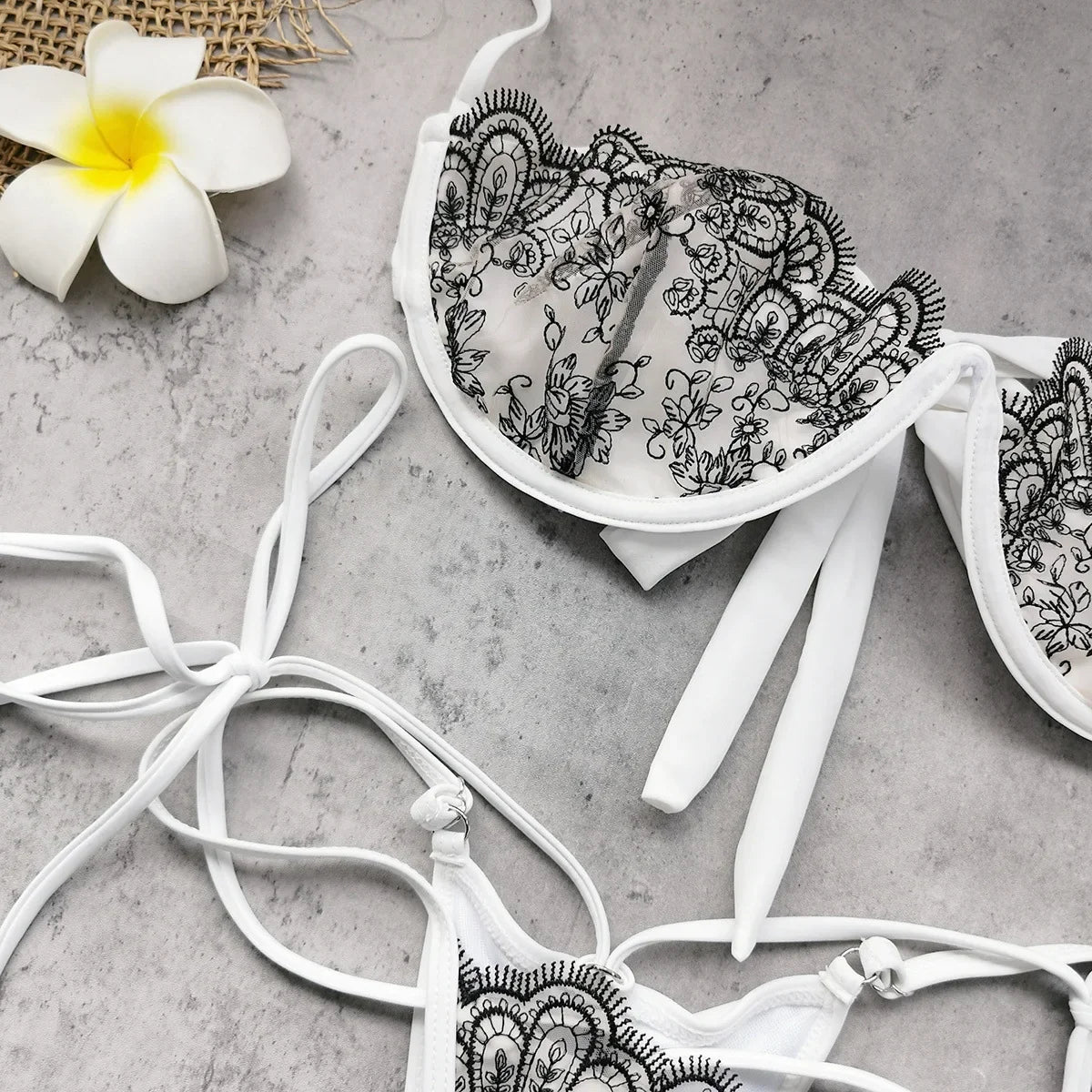 Sexy White Floral Embroidery Bikini Set