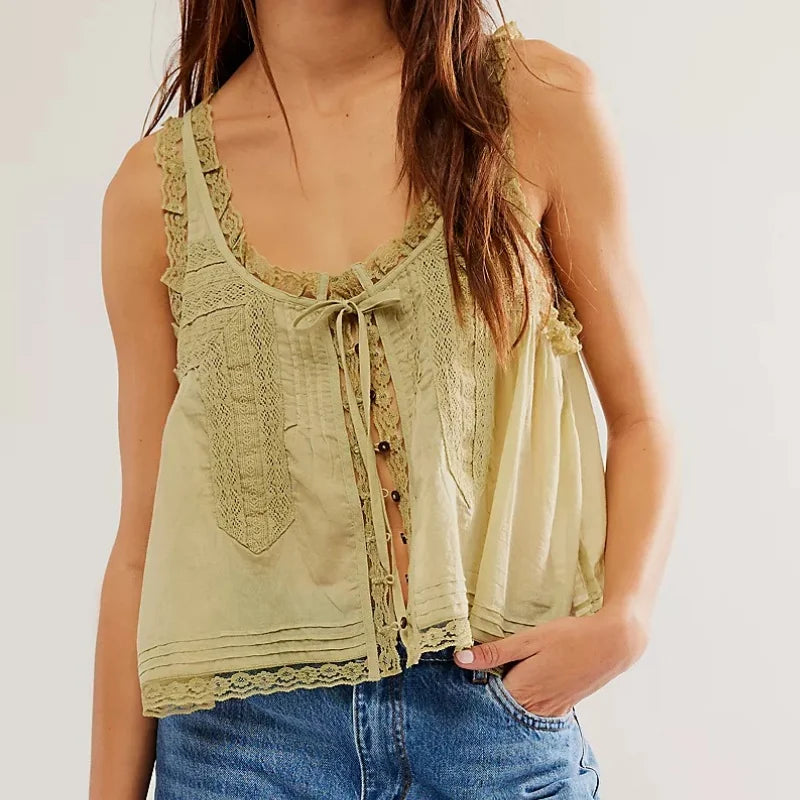 Y2K Button-up Lace Trim Patchwork Cami Tops