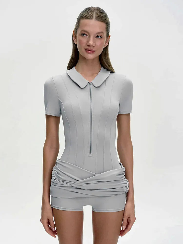 Short Sleeve Zipper Sports Bodysuit Rompers Casual Draped Ruched Slim Fit Fitness Bodysuits Female