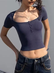 Button Front Short Sleeved Crop T-shirt