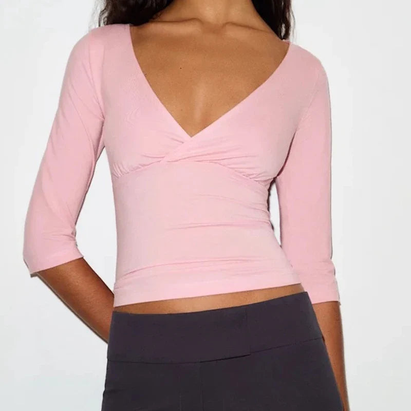 Wrap V Neck 3/4 Sleeve Crop Top