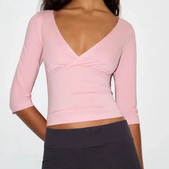 Wrap V Neck 3/4 Sleeve Crop Top