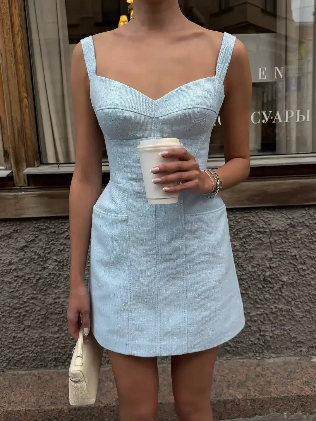 Sexy Solid Tweed Pocket Mini Dress