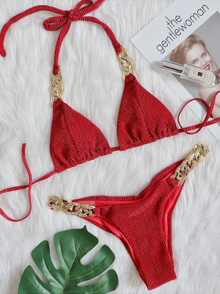 Halter Ribbed Metal Chains Diamond Bikini