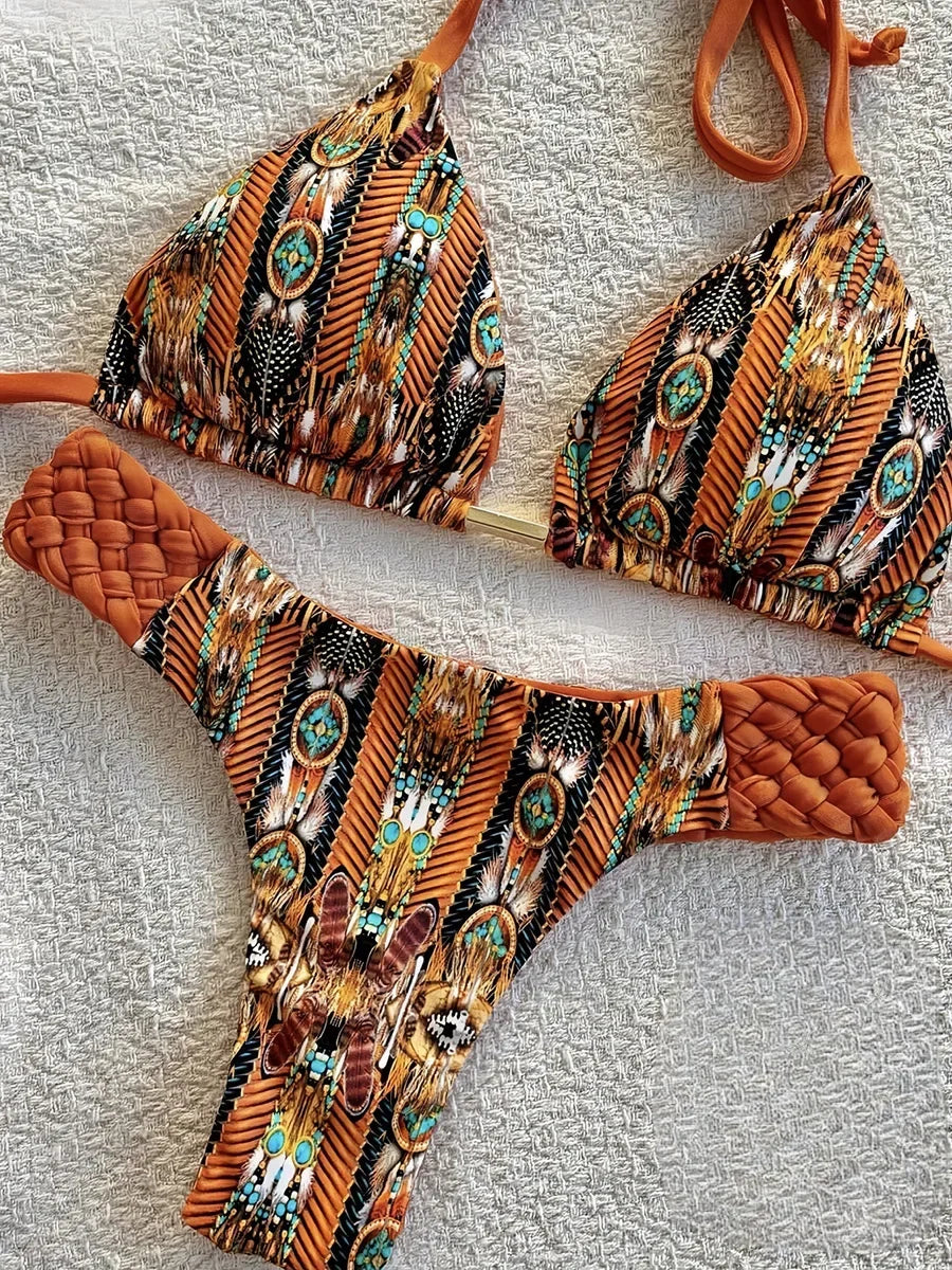 Print Halter Braided Rope Mini Thong Bikini