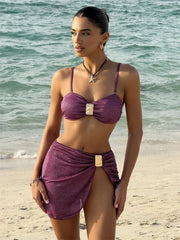 Shiny Purple Mesh Skirt 3 Piece Bikini Set