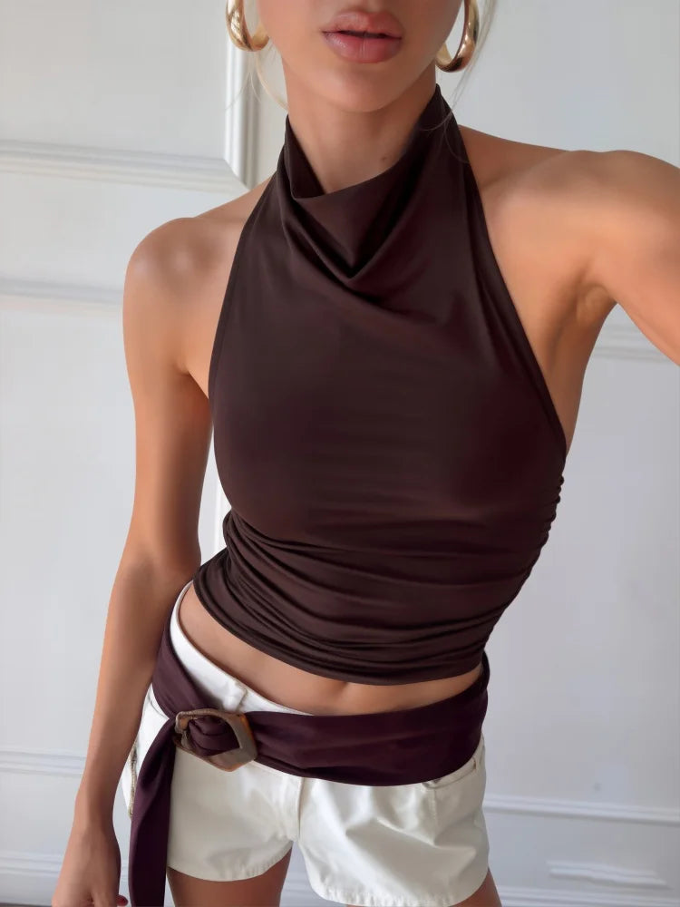 Solid Color Backless Sleeveless Halter Neck Draped Neck Fitted Pleated Crop Top