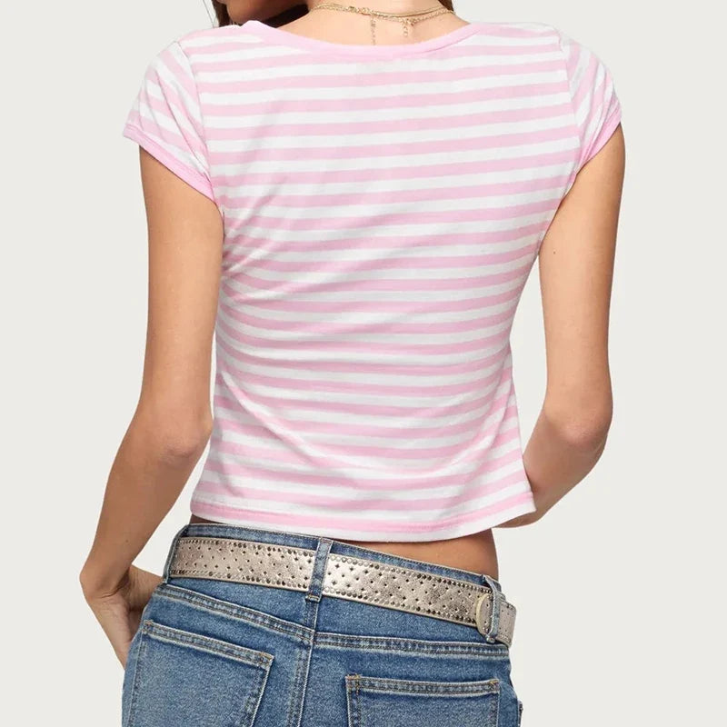 Daily Casual Basic T-shirt Striped Wrap V Neck Crop Top