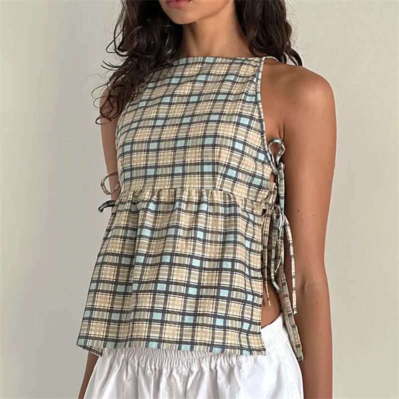 Cut Out Side Tie Up Vest Casual Loose Sleeveless Crop Top