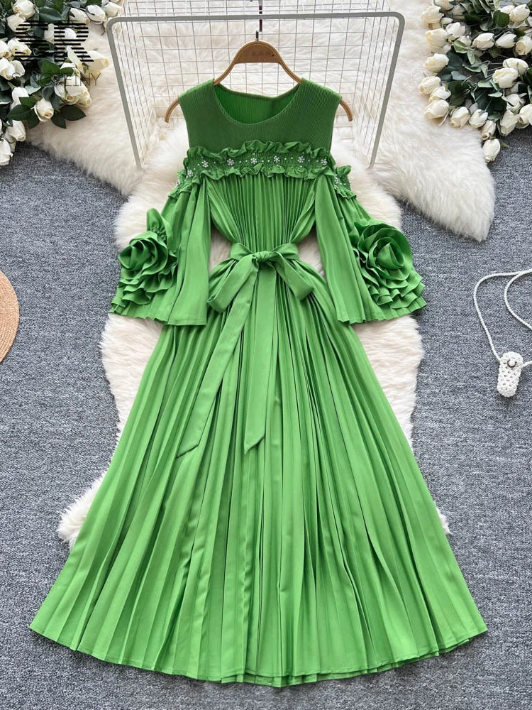 Elegant Beading Pleated Gown Female Bow Collar Flare Sleeves Hollow Out High Quality Autumn 3D Floral Maxi Party Dress