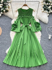 Elegant Beading Pleated Gown Female Bow Collar Flare Sleeves Hollow Out High Quality Autumn 3D Floral Maxi Party Dress