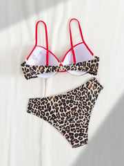 Sexy Red Leopard Print Patchwork Bikini Set