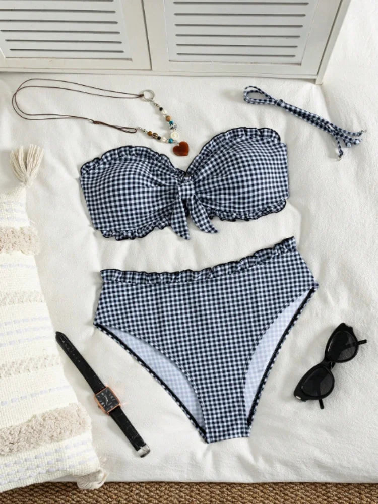 Vintage Coffee Plaid Print Bikini Set