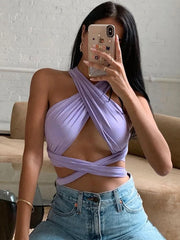 Strappy Cross Over Front Cut Out Halter Neck Sleeveless Backless Wrap Crop Top