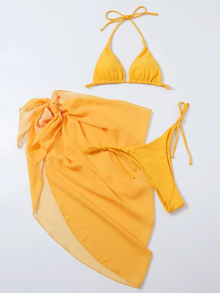 Sexy Mesh Skirt 3 Piece Bikini Set