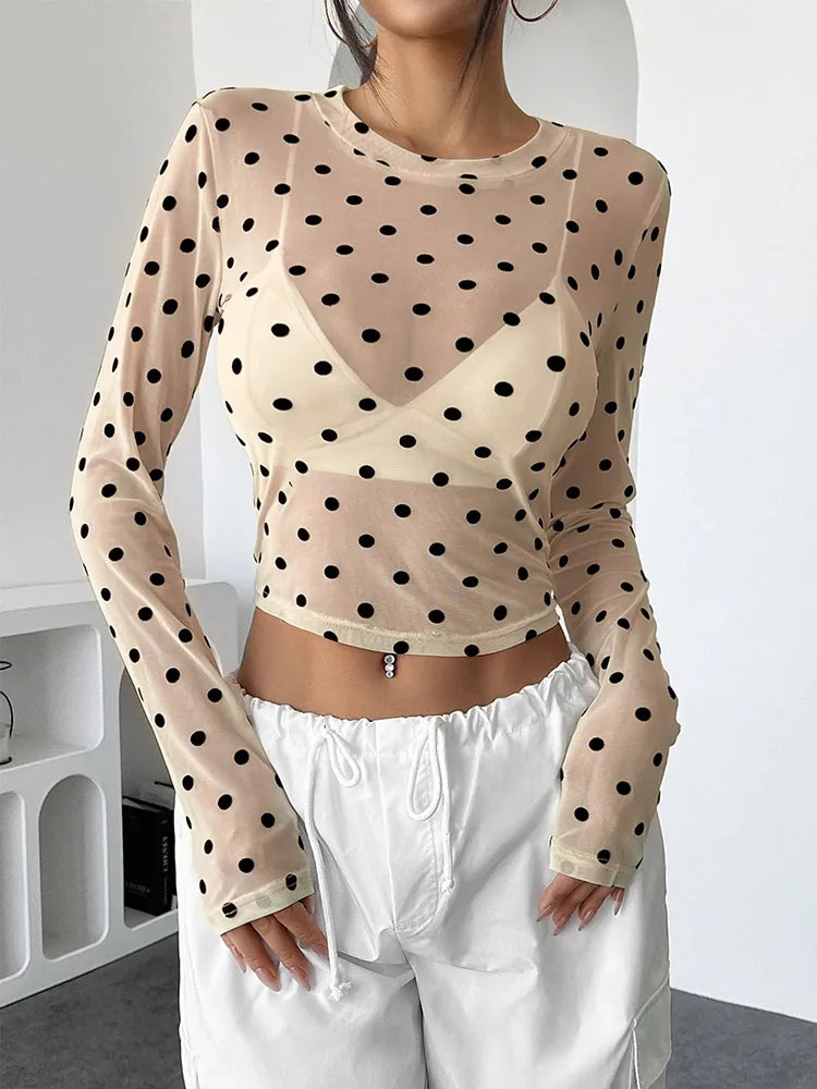 Womens Polka Dots Long Sleeve Mesh Tops
