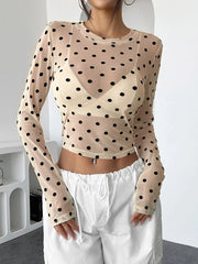 Womens Polka Dots Long Sleeve Mesh Tops