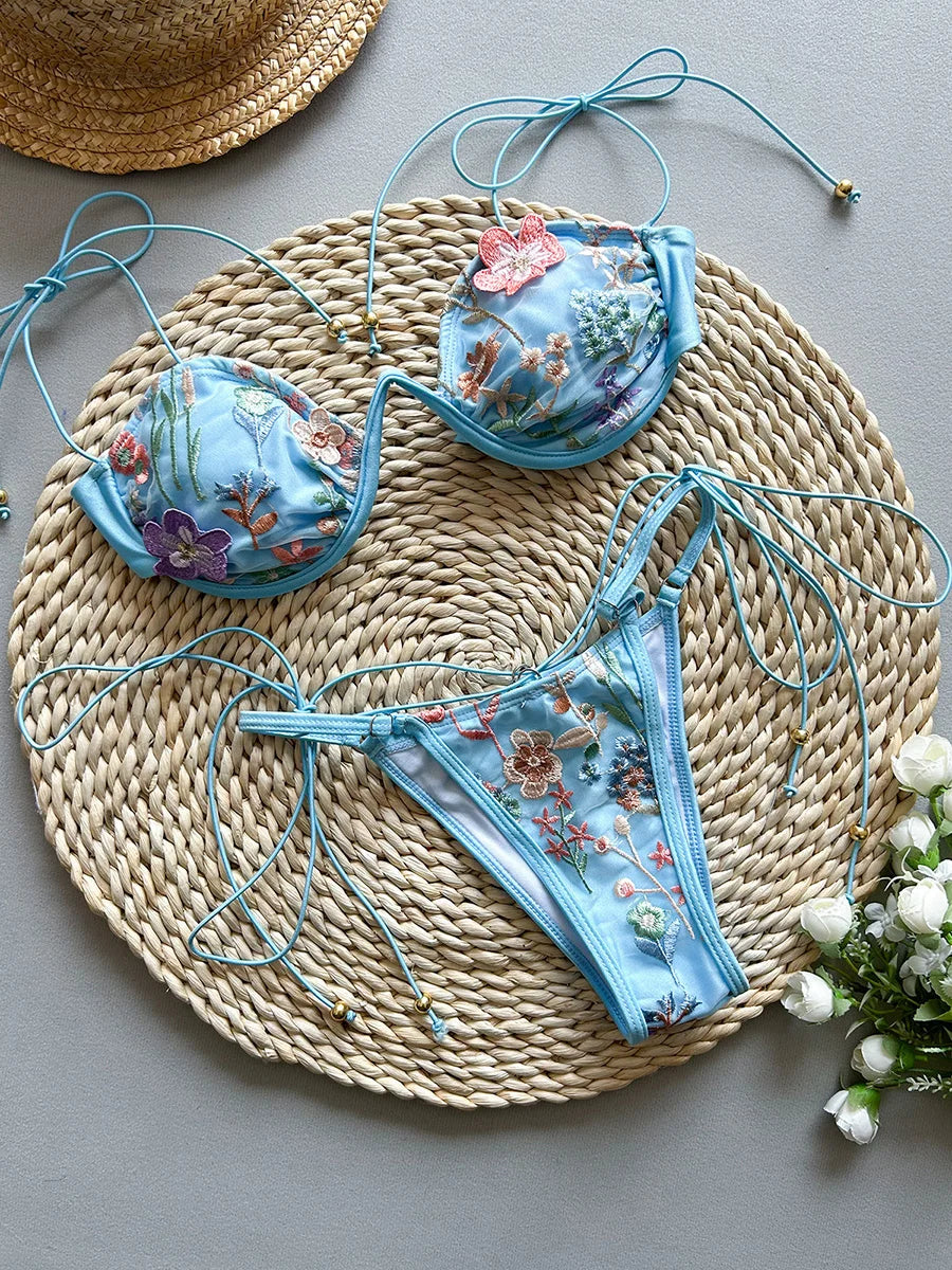 Flowers Printed Halter Underwired V-Bar Bikini