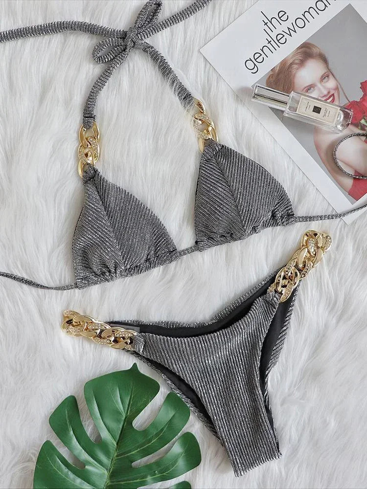 Halter Ribbed Metal Chains Diamond Bikini