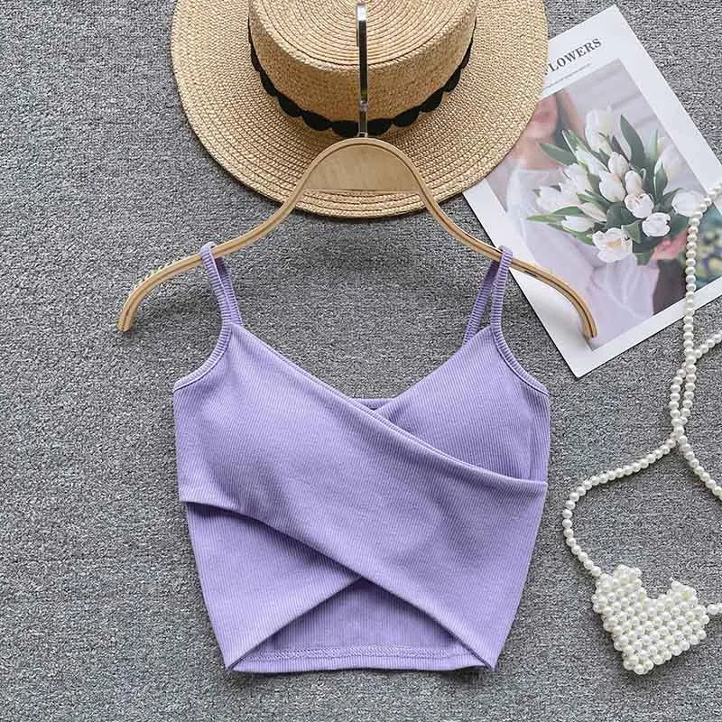 V Neck Spaghetti Strap Camisole Cross Wrap Front Cutout Hem Ribbed Slim Cropped Tank Top
