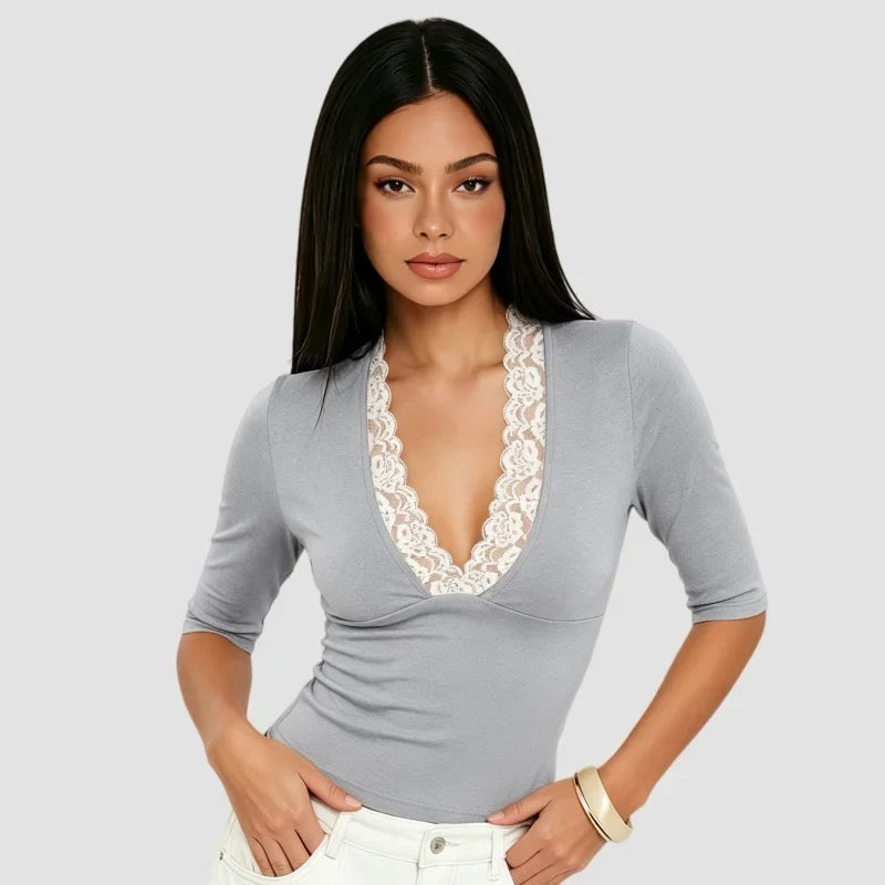 Women's Lace Trim V-Neck Slim Fit Tops