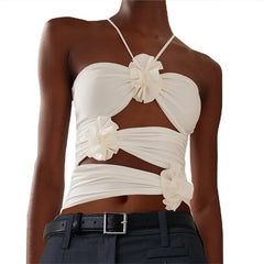 3D Floral Strap Crop Tops