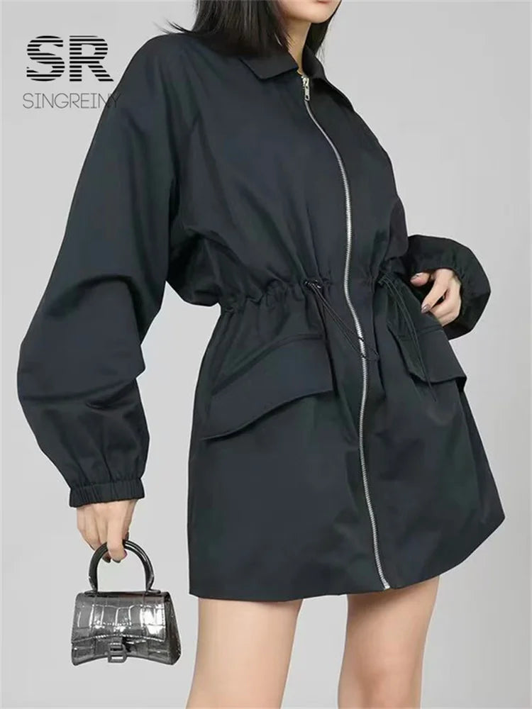 SINGREIN Autumn Streetwear Casual Coat Female Lapel Drawstring Zipper Full Sleeves Outfit American Retro Slim Workwear Outerwear