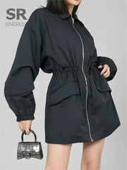 SINGREIN Autumn Streetwear Casual Coat Female Lapel Drawstring Zipper Full Sleeves Outfit American Retro Slim Workwear Outerwear