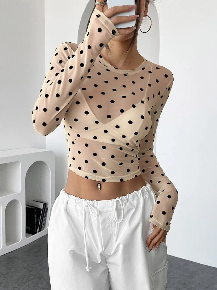 Womens Polka Dots Long Sleeve Mesh Tops