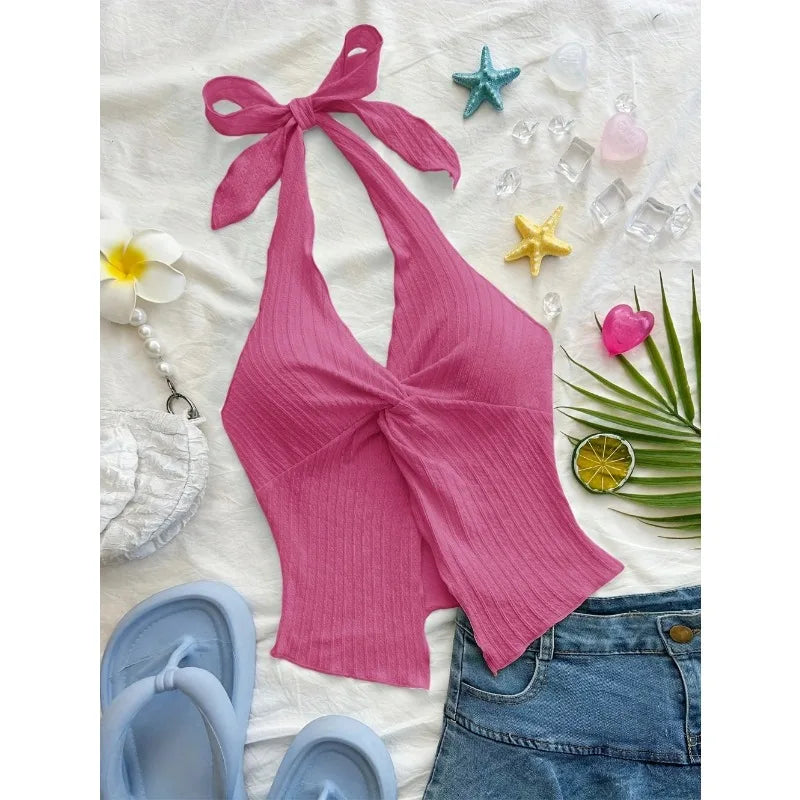 Y2K Sexy V-neck Halter Neck Crop Top