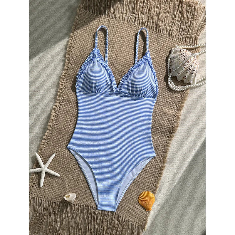 Vintage Sky Blue Striped One Piece Swimsuit