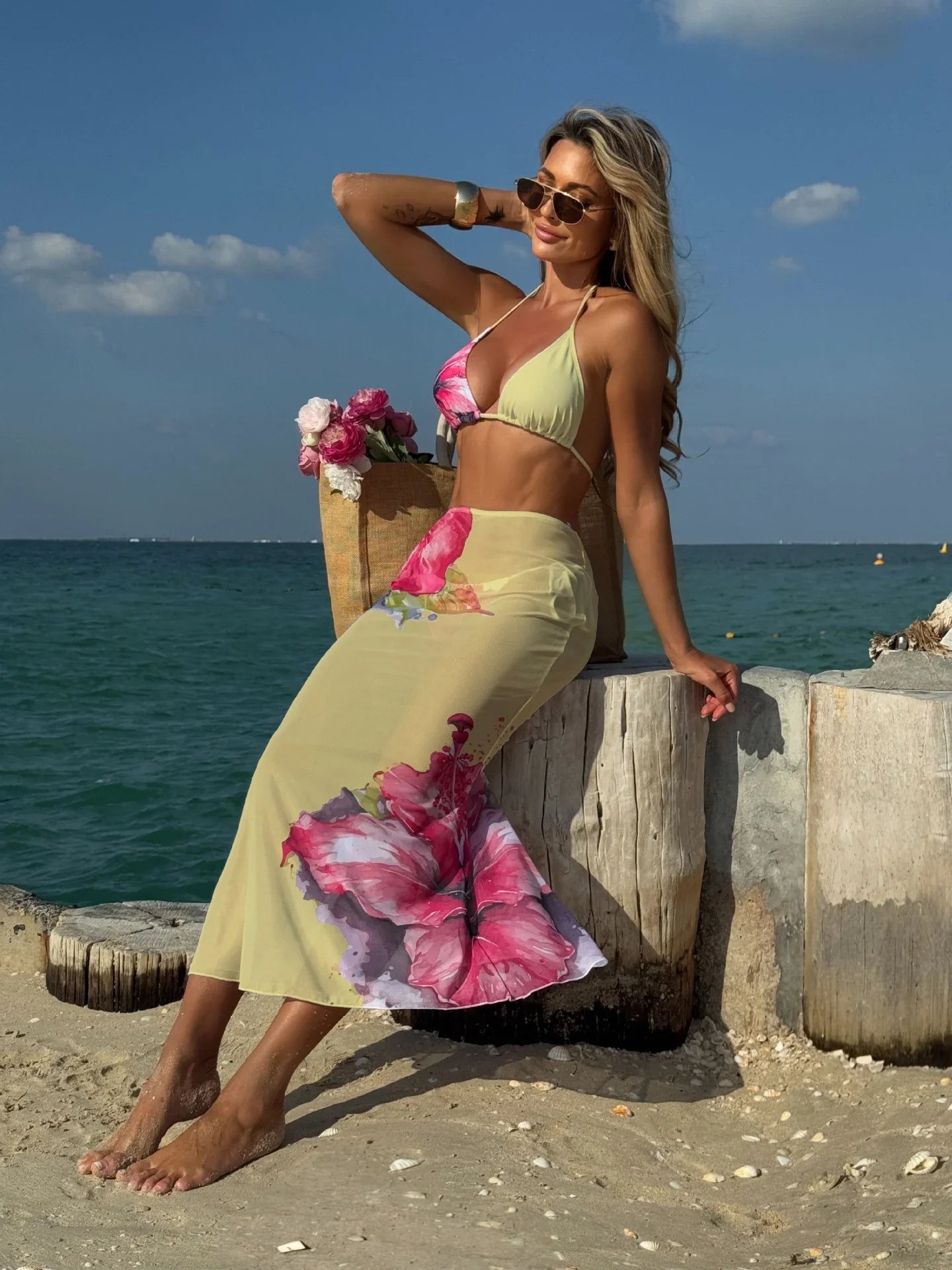 Sexy White Floral Print  Mesh Long Skirt 3 Piece Bikini