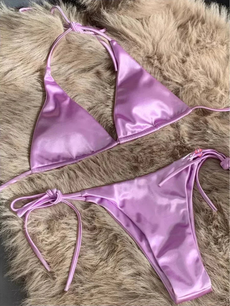Wrap Around Halter Metallic Satin Bikini