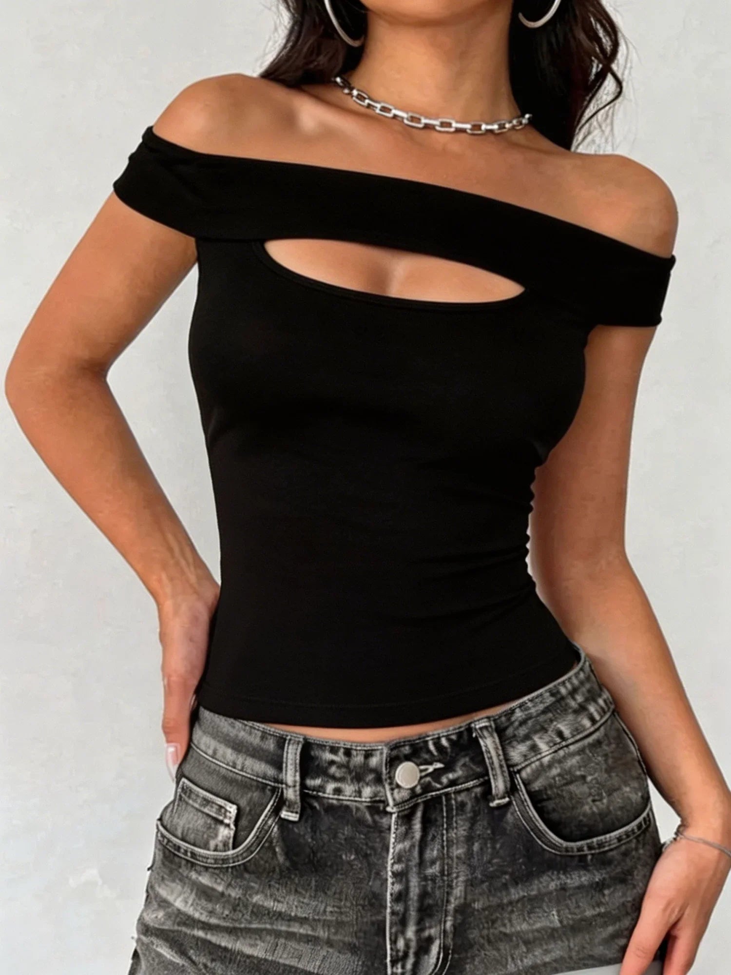 Sexy Black Off Shoulder Cut Out Crop Top