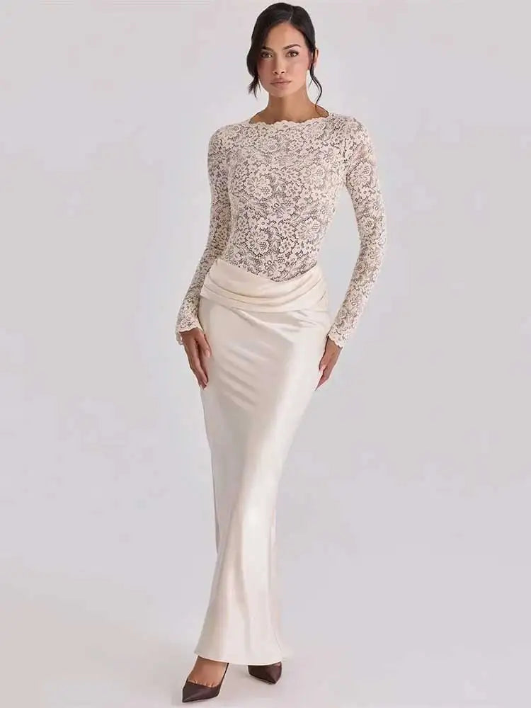 Off Shoulder Lace Satin Maxi Dress